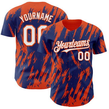 Custom Royal White-Orange 3D Pattern Design Splatter Torn Sharp Brush Stroke Authentic Baseball Jersey