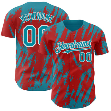 Custom Red Teal-White 3D Pattern Design Splatter Torn Sharp Brush Stroke Authentic Baseball Jersey