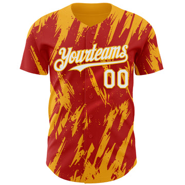 Custom Red White-Gold 3D Pattern Design Splatter Torn Sharp Brush Stroke Authentic Baseball Jersey