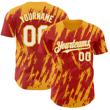 Custom Red White-Gold 3D Pattern Design Splatter Torn Sharp Brush Stroke Authentic Baseball Jersey