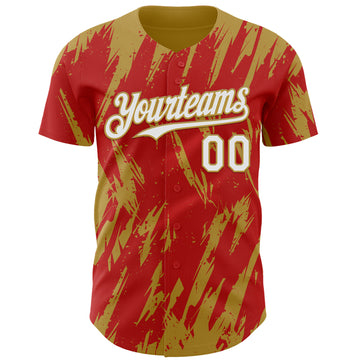 Custom Red White-Old Gold 3D Pattern Design Splatter Torn Sharp Brush Stroke Authentic Baseball Jersey