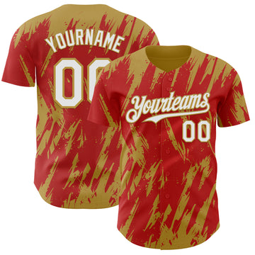 Custom Red White-Old Gold 3D Pattern Design Splatter Torn Sharp Brush Stroke Authentic Baseball Jersey