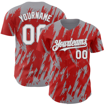 Custom Red White-Gray 3D Pattern Design Splatter Torn Sharp Brush Stroke Authentic Baseball Jersey