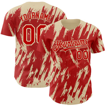 Custom Red Cream 3D Pattern Design Splatter Torn Sharp Brush Stroke Authentic Baseball Jersey