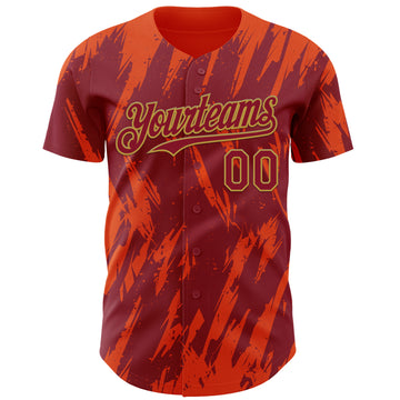 Custom Crimson Old Gold-Orange 3D Pattern Design Splatter Torn Sharp Brush Stroke Authentic Baseball Jersey