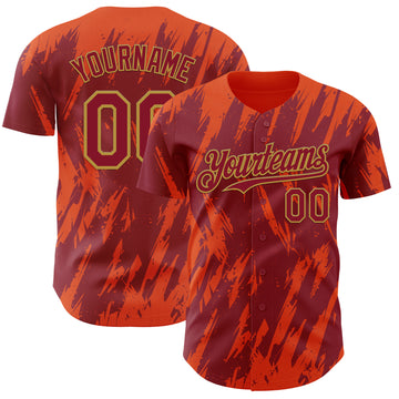 Custom Crimson Old Gold-Orange 3D Pattern Design Splatter Torn Sharp Brush Stroke Authentic Baseball Jersey
