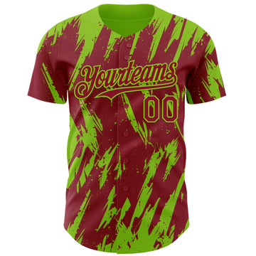 Custom Crimson Neon Green 3D Pattern Design Splatter Torn Sharp Brush Stroke Authentic Baseball Jersey