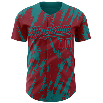 Custom Crimson Teal 3D Pattern Design Splatter Torn Sharp Brush Stroke Authentic Baseball Jersey