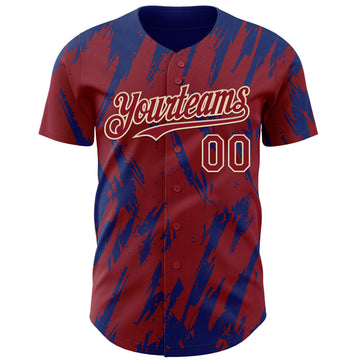 Custom Crimson Cream-Royal 3D Pattern Design Splatter Torn Sharp Brush Stroke Authentic Baseball Jersey