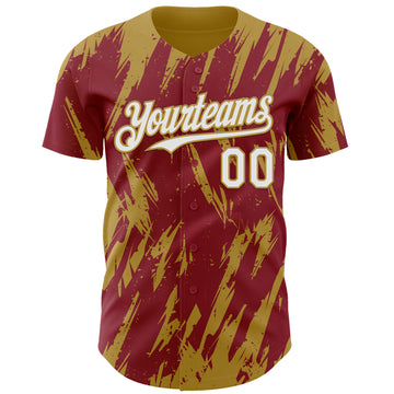Custom Crimson White-Old Gold 3D Pattern Design Splatter Torn Sharp Brush Stroke Authentic Baseball Jersey
