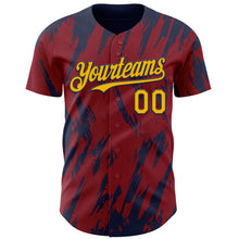 Загрузить изображение в средство просмотра галереи, Custom Crimson Gold-Navy 3D Pattern Design Splatter Torn Sharp Brush Stroke Authentic Baseball Jersey
