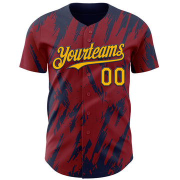 Custom Crimson Gold-Navy 3D Pattern Design Splatter Torn Sharp Brush Stroke Authentic Baseball Jersey