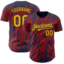 Загрузить изображение в средство просмотра галереи, Custom Crimson Gold-Navy 3D Pattern Design Splatter Torn Sharp Brush Stroke Authentic Baseball Jersey
