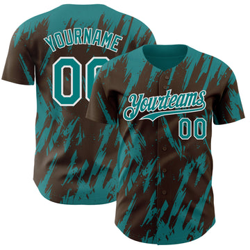 Custom Brown Teal-White 3D Pattern Design Splatter Torn Sharp Brush Stroke Authentic Baseball Jersey