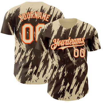 Custom Brown Cream-Orange 3D Pattern Design Splatter Torn Sharp Brush Stroke Authentic Baseball Jersey