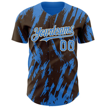 Custom Brown Powder Blue-Cream 3D Pattern Design Splatter Torn Sharp Brush Stroke Authentic Baseball Jersey