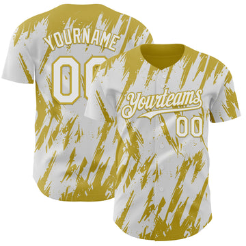 Custom White Old Gold 3D Pattern Design Splatter Torn Sharp Brush Stroke Authentic Baseball Jersey