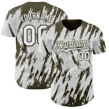 Custom White Olive 3D Pattern Design Splatter Torn Sharp Brush Stroke Authentic Baseball Jersey