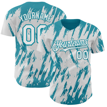 Custom White Teal 3D Pattern Design Splatter Torn Sharp Brush Stroke Authentic Baseball Jersey