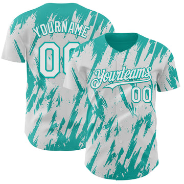 Custom White Aqua 3D Pattern Design Splatter Torn Sharp Brush Stroke Authentic Baseball Jersey