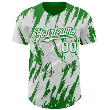 Custom White Grass Green 3D Pattern Design Splatter Torn Sharp Brush Stroke Authentic Baseball Jersey