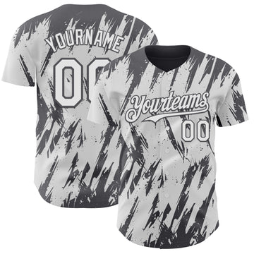 Custom White Steel Gray 3D Pattern Design Splatter Torn Sharp Brush Stroke Authentic Baseball Jersey