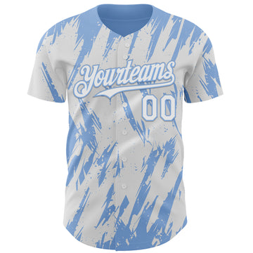 Custom White Light Blue 3D Pattern Design Splatter Torn Sharp Brush Stroke Authentic Baseball Jersey