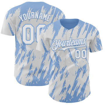 Custom White Light Blue 3D Pattern Design Splatter Torn Sharp Brush Stroke Authentic Baseball Jersey