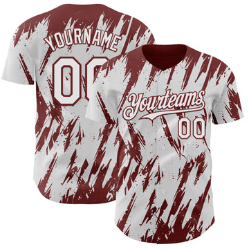 Custom White Burgundy 3D Pattern Design Splatter Torn Sharp Brush Stroke Authentic Baseball Jersey
