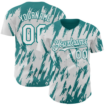 Custom White Teal 3D Pattern Design Splatter Torn Sharp Brush Stroke Authentic Baseball Jersey