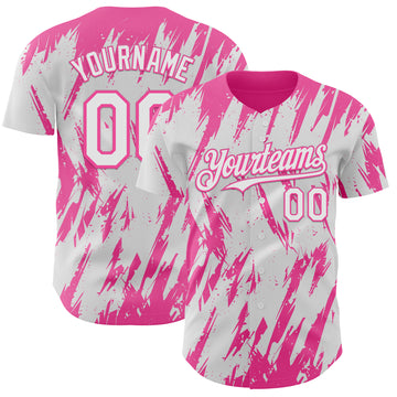 Custom White Pink 3D Pattern Design Splatter Torn Sharp Brush Stroke Authentic Baseball Jersey