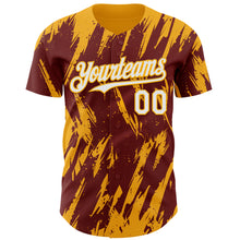 Load image into Gallery viewer, Custom Burgundy White-Gold 3D Pattern Design Splatter Torn Sharp Brush Stroke Authentic Baseball Jersey
