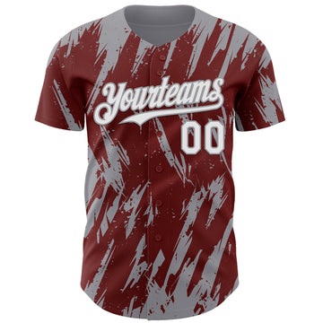 Custom Burgundy White-Gray 3D Pattern Design Splatter Torn Sharp Brush Stroke Authentic Baseball Jersey