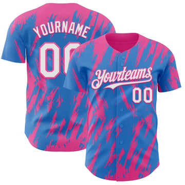 Custom Powder Blue White-Pink 3D Pattern Design Splatter Torn Sharp Brush Stroke Authentic Baseball Jersey