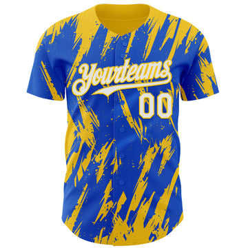 Custom Thunder Blue White-Yellow 3D Pattern Design Splatter Torn Sharp Brush Stroke Authentic Baseball Jersey
