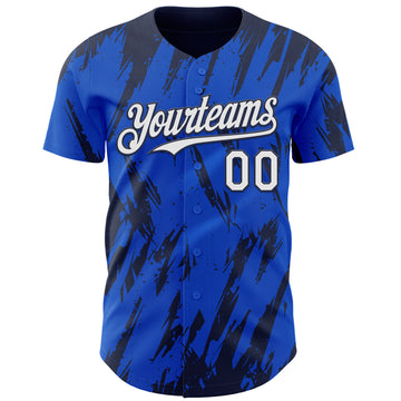 Custom Thunder Blue White-Navy 3D Pattern Design Splatter Torn Sharp Brush Stroke Authentic Baseball Jersey