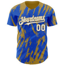 Charger l'image dans la galerie, Custom Thunder Blue White-Old Gold 3D Pattern Design Splatter Torn Sharp Brush Stroke Authentic Baseball Jersey
