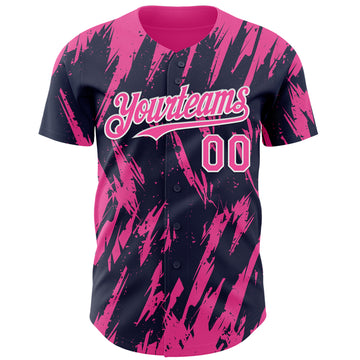 Custom Navy Pink-White 3D Pattern Design Splatter Torn Sharp Brush Stroke Authentic Baseball Jersey