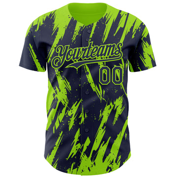 Custom Navy Neon Green 3D Pattern Design Splatter Torn Sharp Brush Stroke Authentic Baseball Jersey