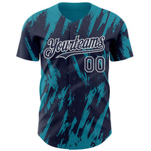 Загрузить изображение в средство просмотра галереи, Custom Navy White-Teal 3D Pattern Design Splatter Torn Sharp Brush Stroke Authentic Baseball Jersey
