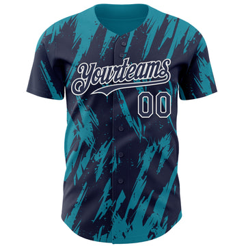 Custom Navy White-Teal 3D Pattern Design Splatter Torn Sharp Brush Stroke Authentic Baseball Jersey