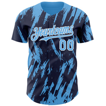 Custom Navy Sky Blue-White 3D Pattern Design Splatter Torn Sharp Brush Stroke Authentic Baseball Jersey
