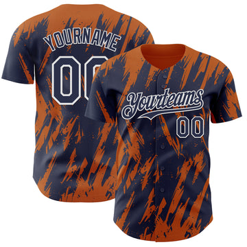 Custom Navy White-Bay Orange 3D Pattern Design Splatter Torn Sharp Brush Stroke Authentic Baseball Jersey
