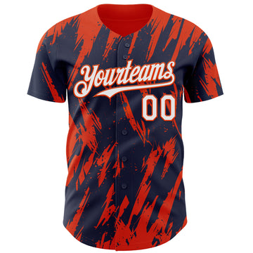 Custom Navy White-Orange 3D Pattern Design Splatter Torn Sharp Brush Stroke Authentic Baseball Jersey
