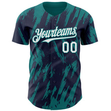 Загрузить изображение в средство просмотра галереи, Custom Navy White-Teal 3D Pattern Design Splatter Torn Sharp Brush Stroke Authentic Baseball Jersey
