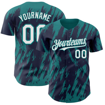 Custom Navy White-Teal 3D Pattern Design Splatter Torn Sharp Brush Stroke Authentic Baseball Jersey