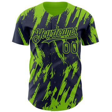 Custom Navy Neon Green 3D Pattern Design Splatter Torn Sharp Brush Stroke Authentic Baseball Jersey