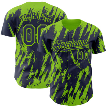 Custom Navy Neon Green 3D Pattern Design Splatter Torn Sharp Brush Stroke Authentic Baseball Jersey