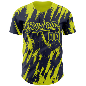 Custom Navy Neon Yellow 3D Pattern Design Splatter Torn Sharp Brush Stroke Authentic Baseball Jersey