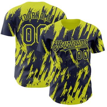 Custom Navy Neon Yellow 3D Pattern Design Splatter Torn Sharp Brush Stroke Authentic Baseball Jersey